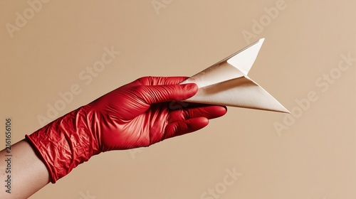 Bright red medical glove holding a simple white paper airplane