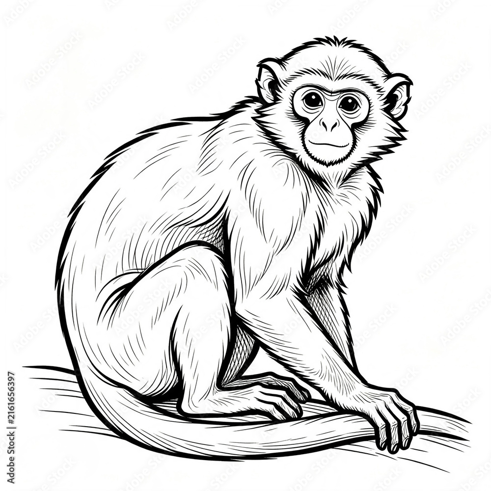 Obraz premium Detailed black and white illustration of a monkey sitting on a branch, with expressive eyes and textured fur