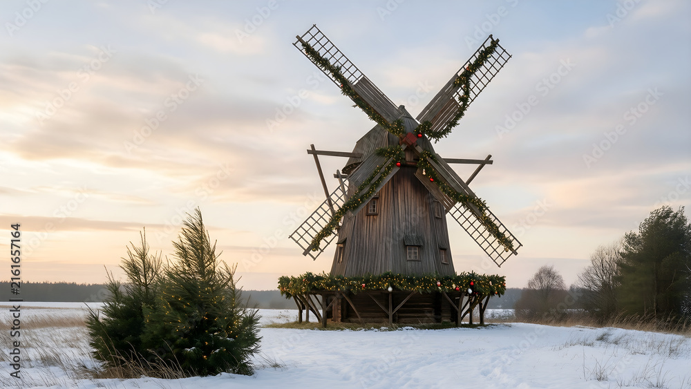 Naklejka premium Snowy windmill decorated for a countryside Christmas