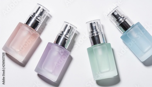 facial mist spray bottle mockup set, cosmetic glass perfume sprayers, skincare serum container collection, essential oil packaging, beauty product mockup