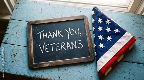 Chalkboard with thank you veterans message and folded american flag on rustic blue wood