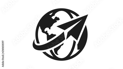 Abstract globe with dynamic paper airplane swoosh.
