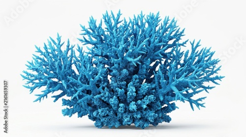 Bright blue coral formation stands against a plain white background branching marine life oceanic aquatic underwater sea hue cyan
