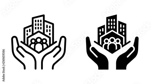 Hands protecting community city buildings and people population vector icon set