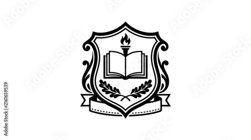Academic crest with open book, torch, and banner.