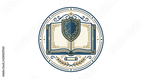 Academic crest with open book and shield ornament.