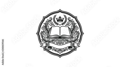 Academic crest with open book and royal crown.