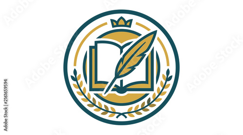 Academic crown and book laurel wreath emblem.