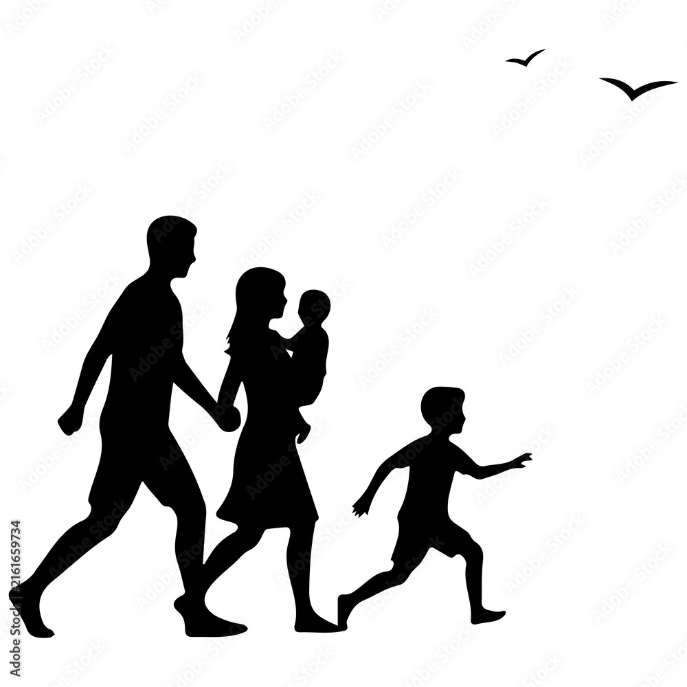 Obraz premium Young family with children walking outdoors silhouette for happy lifestyle design themes.