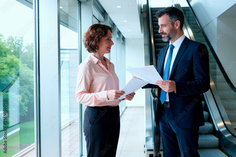 Fototapeta premium Caucasian middle aged businesswoman and businessman reviewing documents and discussing agreement in office corridor, conveying teamwork and corporate planning. For business communication or HR use