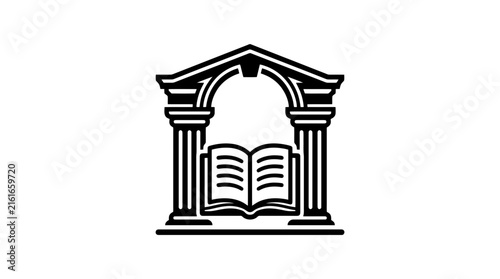 Academic portico architecture with open book emblem.