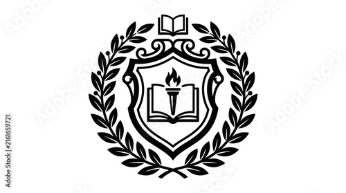Academic school crest with open book and torch.