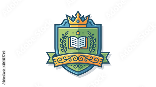 Academic shield crest with book crown and laurel leaves
