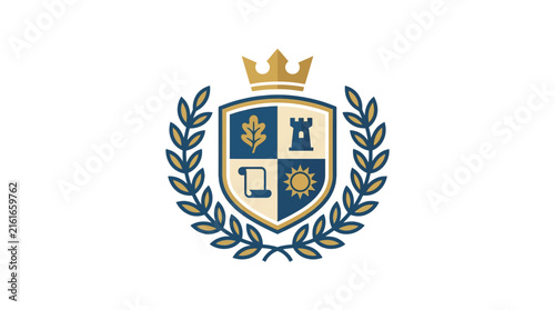 Academic shield crest emblem with golden laurel wreath.