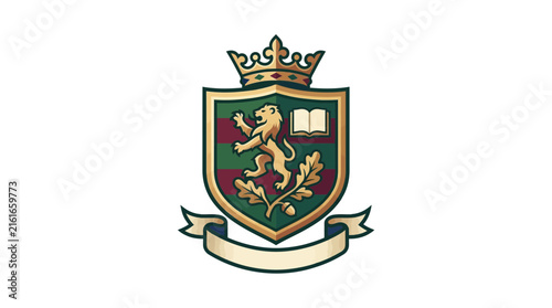 Academic shield crest with lion and book symbol.