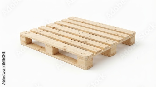 Standard size wooden pallet used for storing and transporting goods in warehouses.