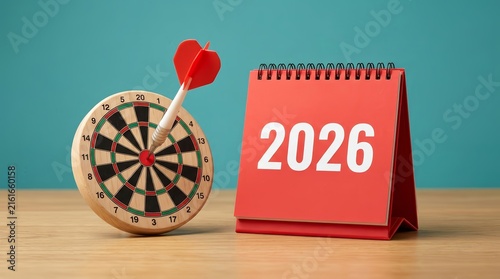 Business goals and planning for 2026 success visualized with a target and red calendar.