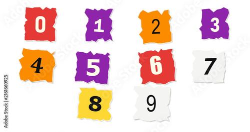 Obraz na plátně Brightly colored, distressed, hand-cut ransom note style digits from 0 to 9 isol