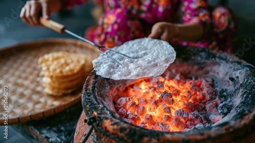 Hands grilling traditional crispy rice crackers over glowing hot charcoal embers