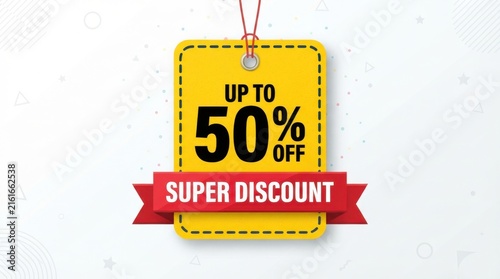 Yellow price tag with a red ribbon advertises a fifty percent discount offer sale promotion pricing markdown retail commerce