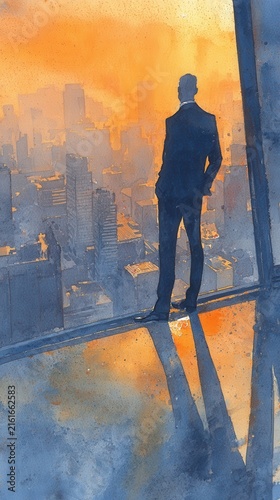 Business Professional Conducting Strategic Review While Admiring Cityscape During Sunset Rendered In Soft Artistic Style