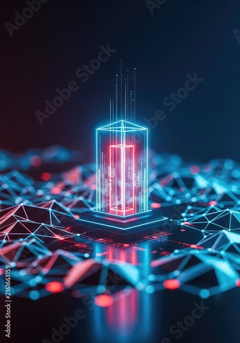 A vibrant digital landscape featuring glowing geometric shapes and interconnected nodes representing futuristic data flow and information, light, complex, cyberspace