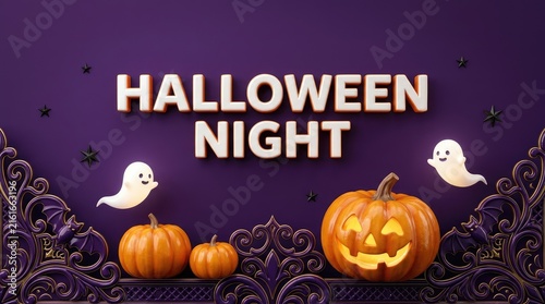 Halloween Typography Poster with Bold Happy Halloween Text, Scary Pumpkin, Haunted Graveyard, Creepy House, Flying Bats and Spider Web, Spooky Orange Night Landscape, Halloween Greeting Vector Design