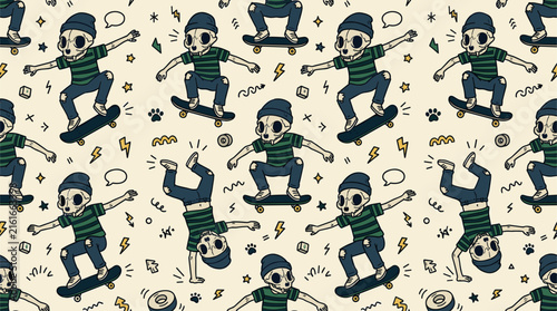 Seamless pattern of cartoon animal skull skaters wearing beanies and striped shirts performing tricks on boards with lightning bolt and star doodle elements on a beige background.