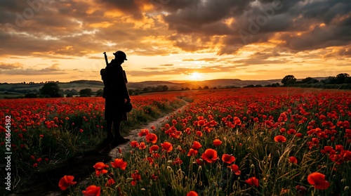 Silhouette of a world war i soldier standing in a field of red poppies at sunset, symbolizing remembrance and peace