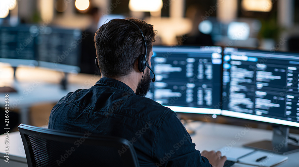 Fototapeta premium Rear view of man wearing a slim headset seated at a bright banking support desk with dual monitors showing glowing account dashboards tidy desk with a notepad and pen customer service