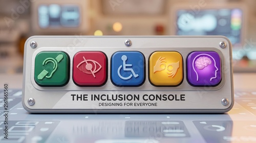 Accessibility console with colorful buttons and disability icons clinical service