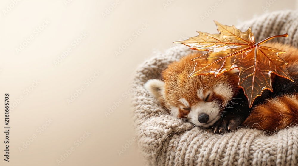 Obraz premium Cute fluffy red panda cub in cozy peaceful autumn aesthetic mood, sleeping in warm knitted wool blanket covered with translucent amber maple leaf on clean light beige background with copy space 
