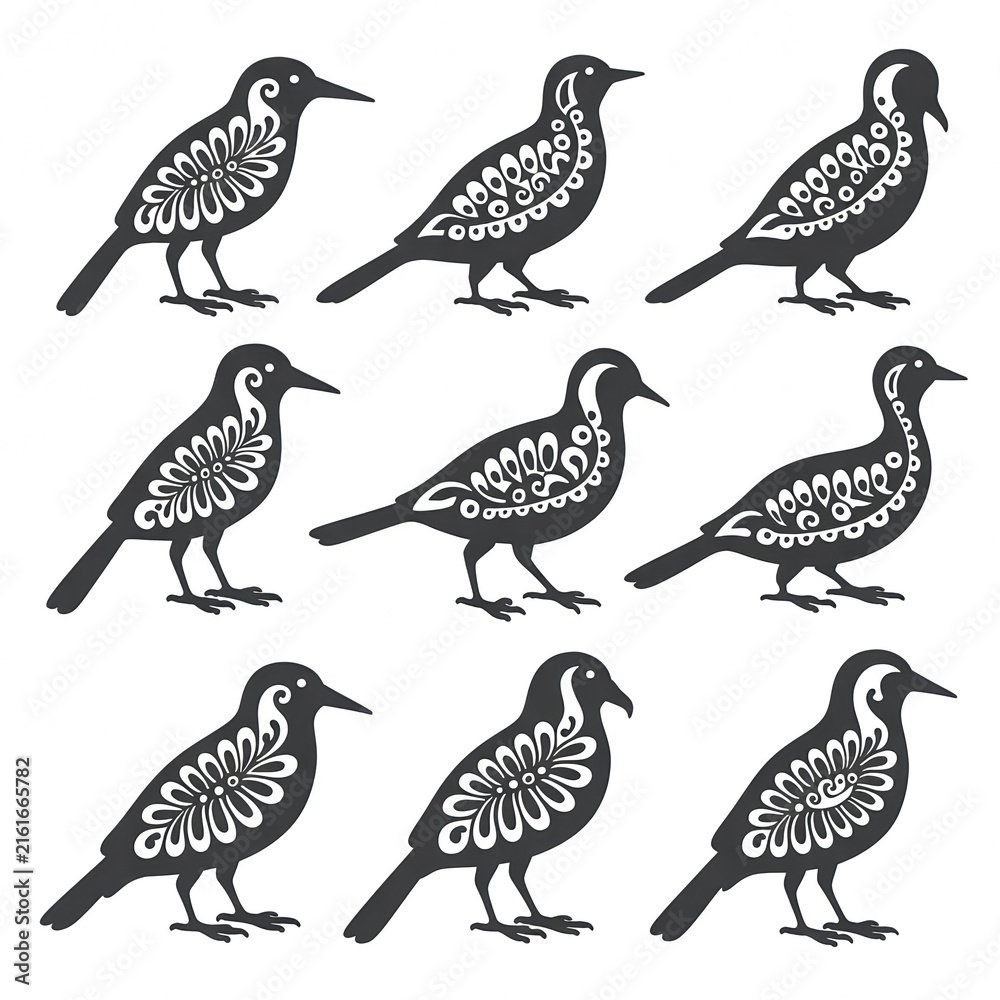 Obraz premium Birds vector silhouettes arranged in a decorative grid pattern with ornamental floral patterns inside each shape isolated on a plain transparent background for graphic design projects.