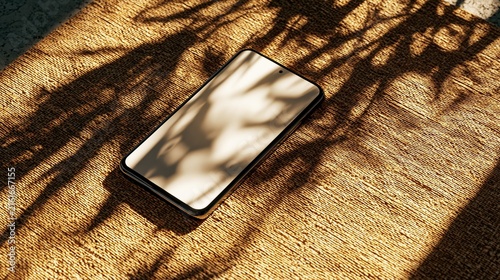 Modern smartphone with blank screen resting on textured woven mat surface