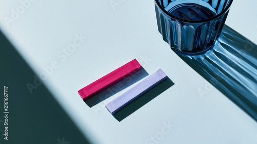 Vibrant magenta and purple rectangular sticks beside blue glass container