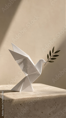 Origami dove carrying an olive branch as a symbol of peace. Minimal still life representing harmony, nonviolence, hope and International Day of Peace awareness.