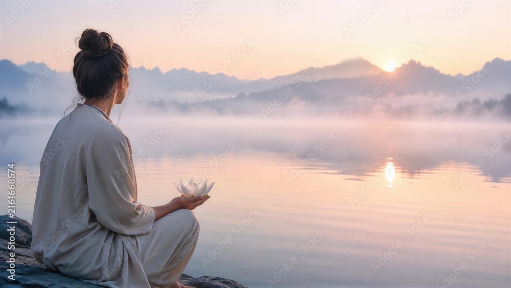 Fototapeta premium Woman holding a lotus flower beside a tranquil mountain lake at sunrise. Peaceful mindfulness and inner harmony concept for International Day of Peace.