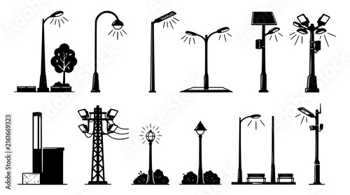 Modern Outdoor Street Lamp Pole Lighting Black Vector Icon Set 12