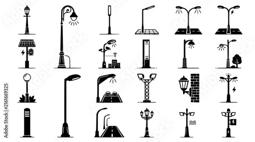 Modern Street Lighting Outdoor Lamp Pole Electrical Black Vector Collection 16
