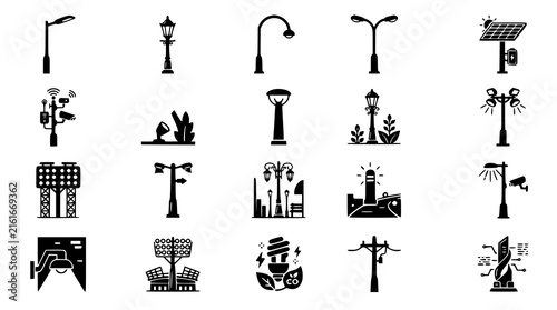 Modern Outdoor Street Lighting Electric Lamp Pole Black Vector Icon Set 20