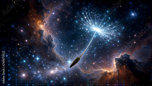 A glowing dandelion seed floating through the vastness of deep space among stars and nebulae.