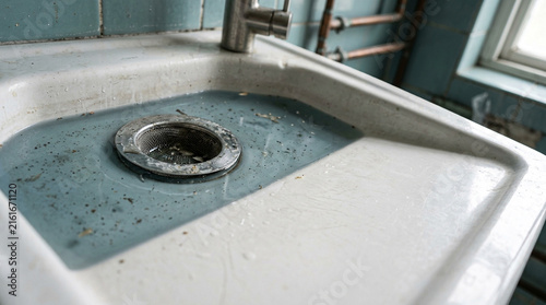 Sink filled with dirty stagnant water is clogged and needs plumbing repair.