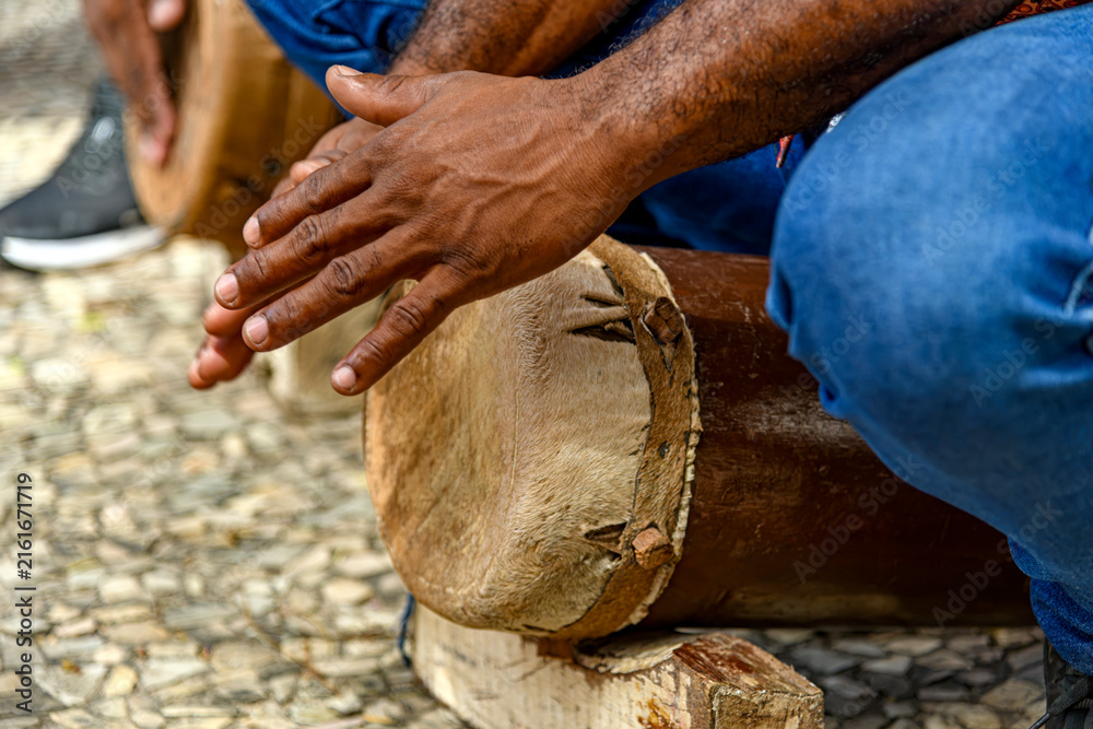 Naklejka premium A rustic, handmade wooden drum used in the “tambor de crioula” tradition in the state of Maranhão, Brazil