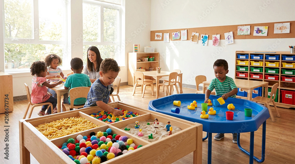 Fototapeta Children play at sensory activity tables in a bright kindergarten classroom.