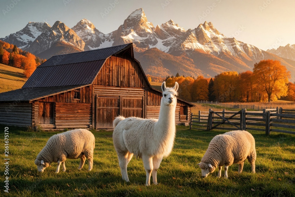 Fototapeta premium White llama and sheep graze in green grassy field before rustic wooden barn. Majestic snowy mountains rise behind autumn trees bathed in golden hour light.