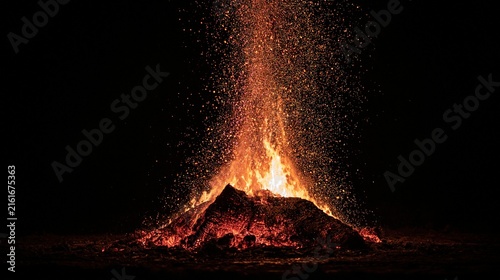 Vibrant bonfire flames erupt with glowing orange sparks against dark night