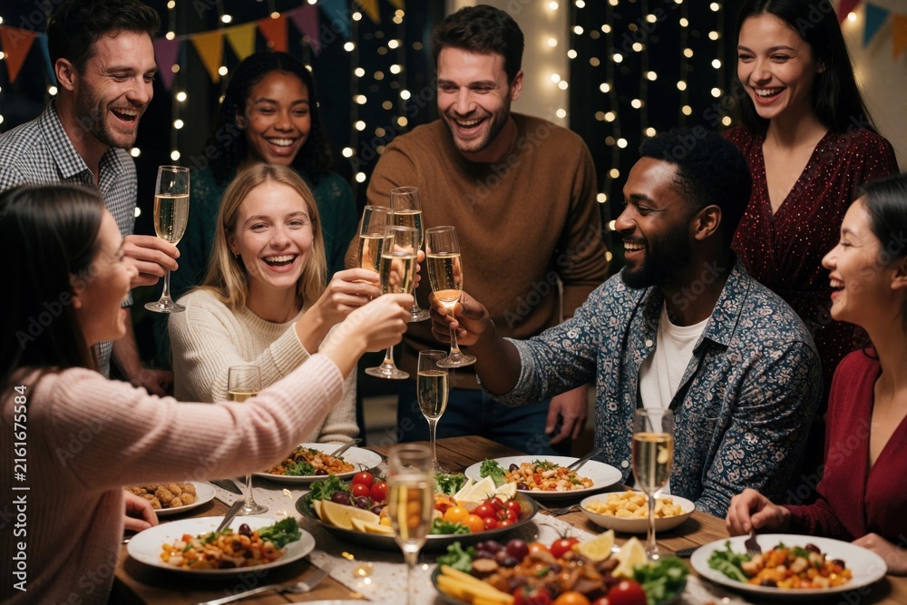 Fototapeta premium Eight diverse people toast champagne at dinner. Vibrant party guests share laughter surrounded by festive lights. Multiethnic group celebrate joyous occasion with assorted dishes on table. Colorful