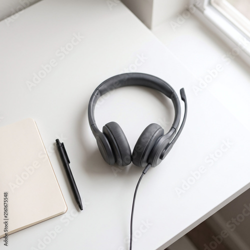 Customer Support Headset on Clean White Desk, Top-Down Flat Lay Workspace