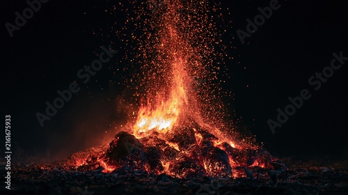 Glowing bonfire erupting with bright orange sparks against dark night sky