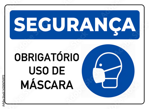 Foto placa aviso azul segurança obrigatório uso de máscara